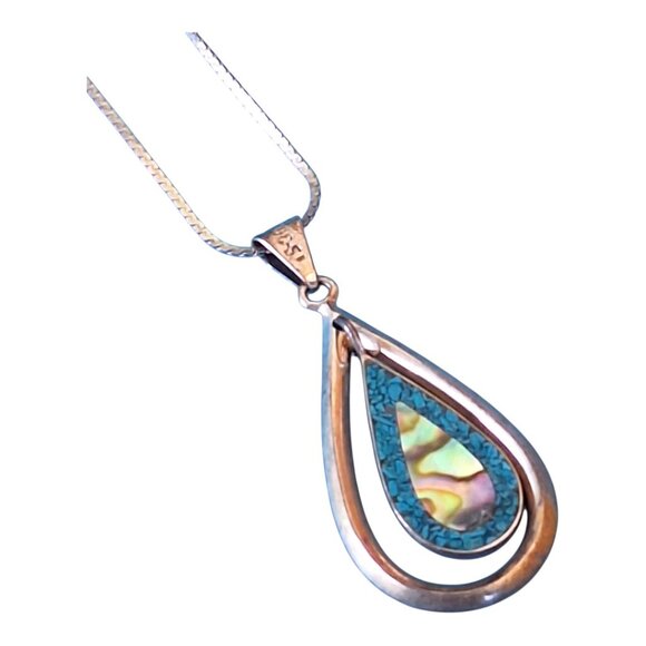 Abalone Turquoise Double Teardrop Necklace Mexico 925 Silver Vintage - Picture 1 of 16